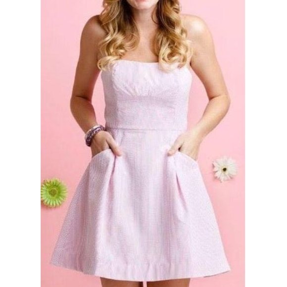 Lilly Pulitzer Dresses & Skirts - Lily Pulitzer Blossom Seersucker Strapless Mini Dress Pink & White Size 14